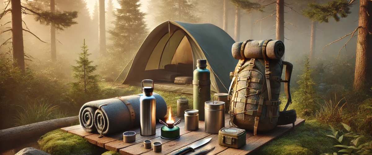 a minimalist camping scene showcasing seven essential items. The composition is set in a serene outdoor